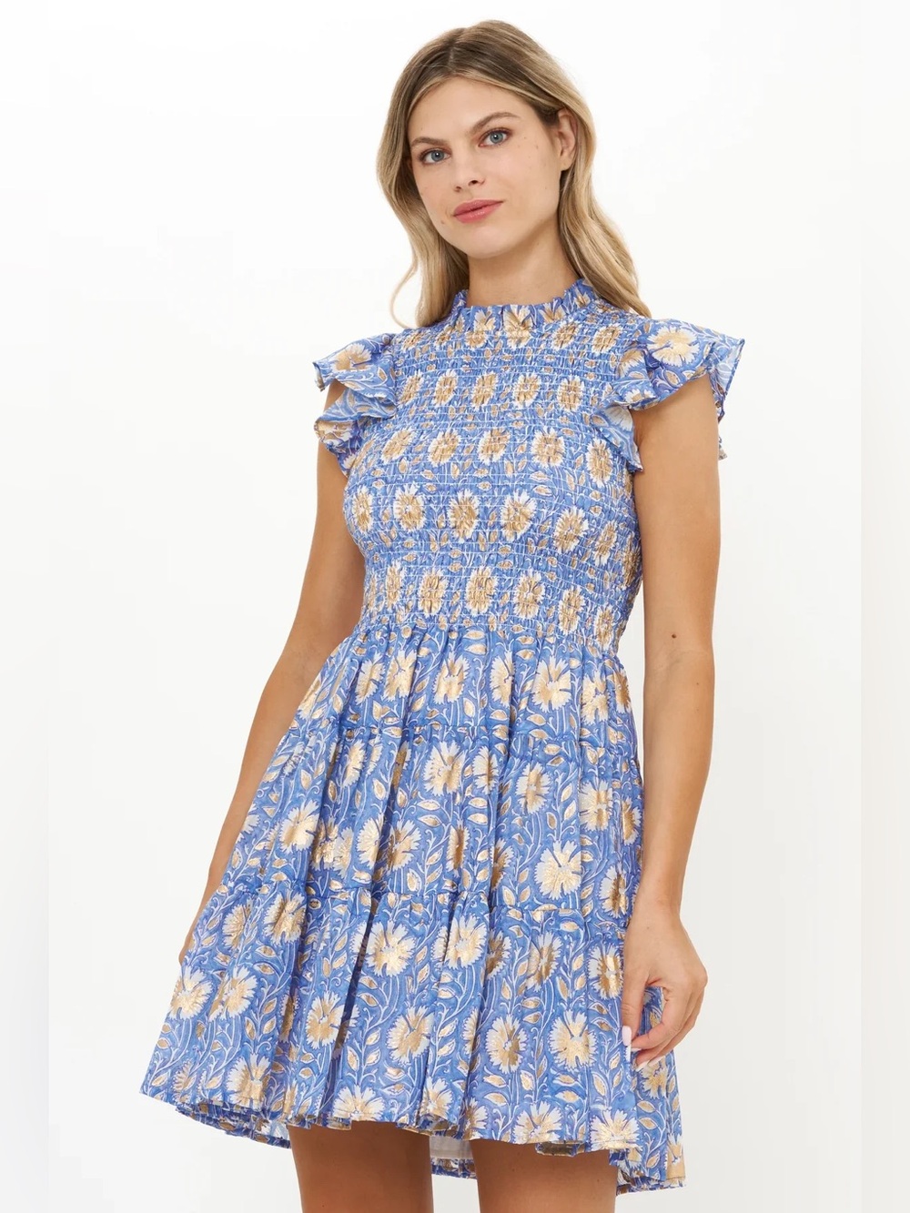 Oliphant Smocked Flirty Short Dress in Mughal Blue, Size XL